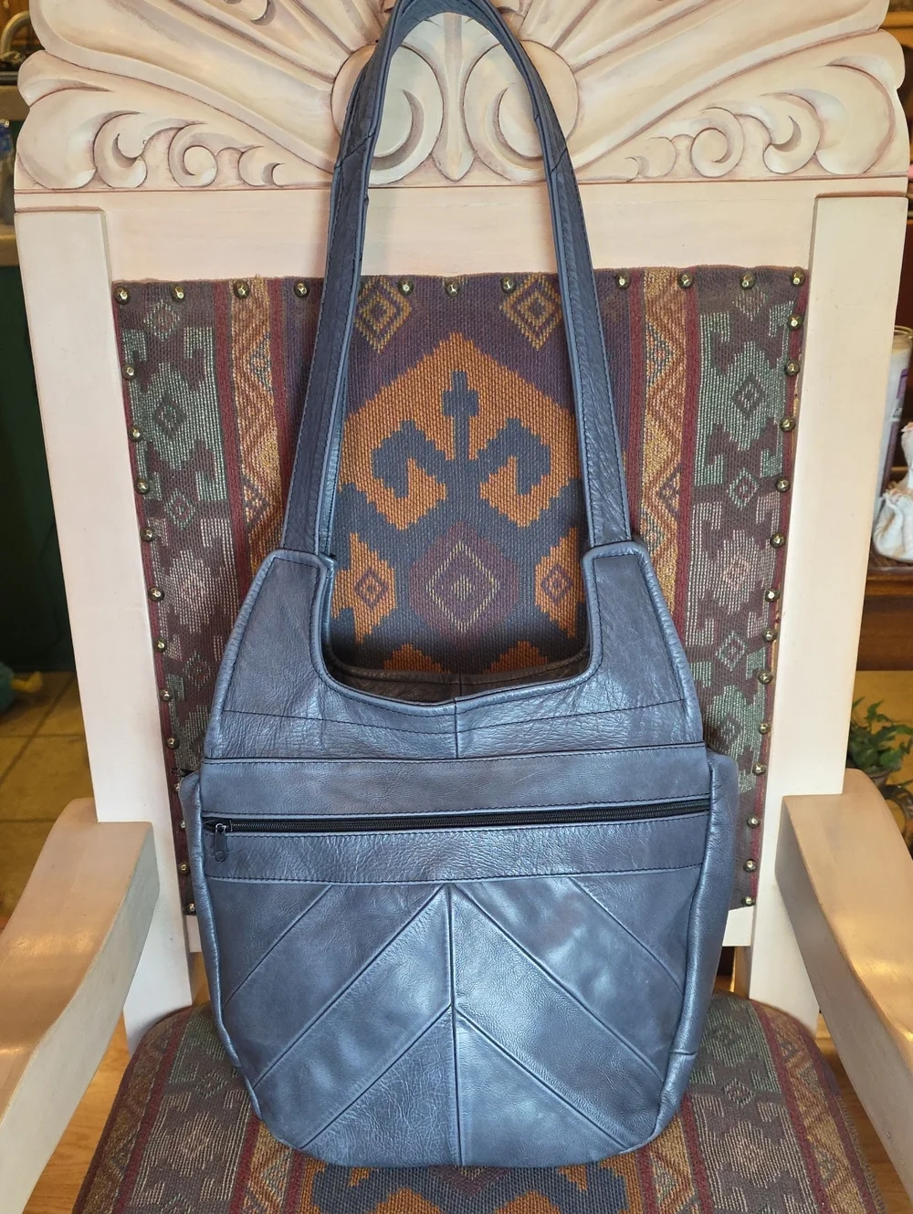 Vintage Slouchy Mexican Chevron Patchwork Leather Hobo Shoulder Bag - Capacious